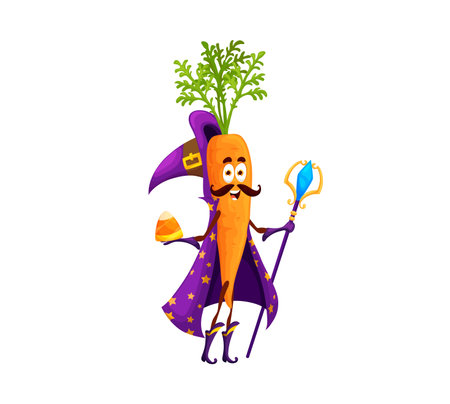 Cartoon halloween carrot wizard character. Isolated vector vegetable personage clutching magic staff and traditional holiday sweet candy corn. Garden plant garbed in warlock attire and pointed hatのイラスト素材