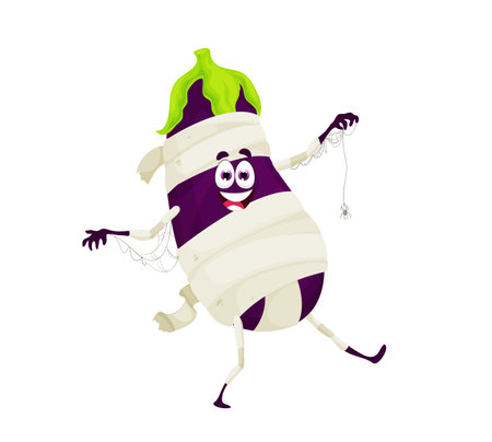Cartoon Halloween eggplant mummy character. Vector humorous vegetable personage dressed with wraps on body. Funny veggies wearing monster costume with large smile on face. Isolated spooky eggplantのイラスト素材