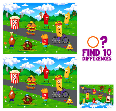 Find ten differences. Cartoon fast food characters on sport vacation. Objects comparing vector gem worksheet with popcorn, hamburger, donut and ketchup, mustard, fries, nacho, personage doing fitnessのイラスト素材