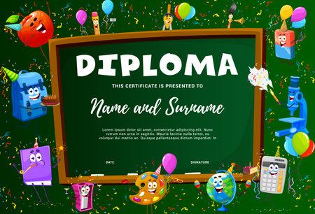 School kids diploma, cartoon supplies characters on holidays, vector education certificate. Funny school book and pencil with eraser on birthday party celebration for kindergarten certificate diplomaのイラスト素材