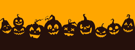 Halloween pumpkin silhouettes. Creepy Jack o lanterns, pumpkin carving evil smiling faces with sharp teeth. Halloween holiday vector background, backdrop or panorama wallpaperのイラスト素材