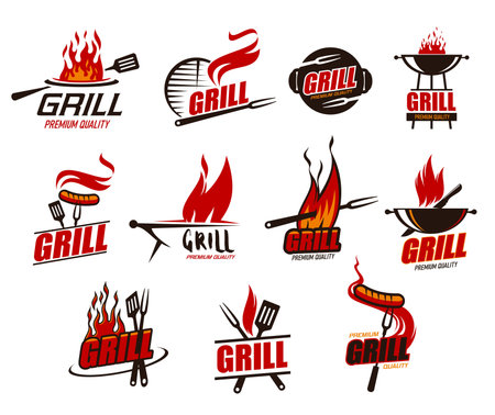 BBQ grill icons, meat sausage on fire and fork, vector barbecue steak restaurant symbols. BBQ grill sausage on flame with spatula, menu or barbeque cooking party signs, meat bar and butchery signsのイラスト素材