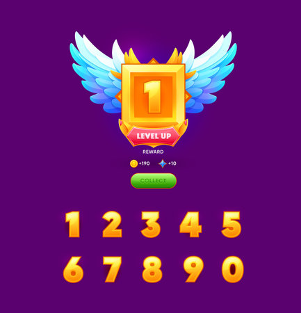 Game level up win badge with numbers and digits. Game task complete win symbol, gambling app achievement vector icon or arcade success rank sign. Videogame victory award golden shield with wingsのイラスト素材