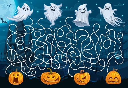 Labyrinth maze help to cartoon ghost find his pumpkin. Vector board game worksheet with cartoon funny spooks searching jack lanterns. Boardgame task with tangled path, start and finish, kids riddleのイラスト素材
