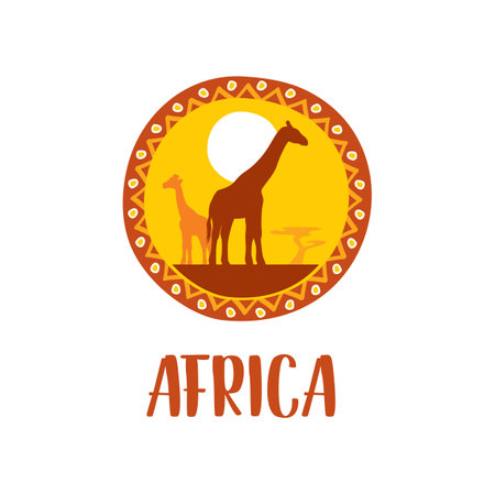 Africa icon, african safari giraffes round symbol in tribal pattern frame. Vector travel, african continent ethnic culture and tourism sign, giraffe animal silhouettes with baobab trees and sunのイラスト素材