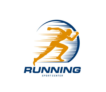 Marathon run sport icon, runner club or athlete sprinter center vector badge. Marathon run challenge sign with silhouette of running man, athletic fitness race sport for charity or health day campaignのイラスト素材