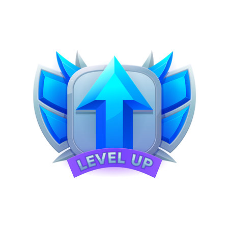 Game level up badge and win icon, UI badge with arrow and wings, vector award. Game UX icon or asset of medal prize for next level achievement, cartoon trophy badge of blue crystal for gamer rankingのイラスト素材