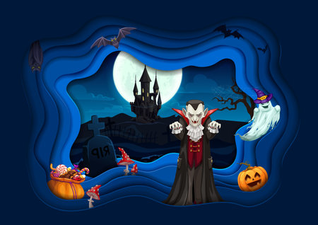 Halloween cartoon vampire paper cut poster. Vector 3d design with scary characters dracula, ghosts and creepy bats, holiday scary monsters. Pumpkin, sweets, amanita and old castle at night cemeteryのイラスト素材
