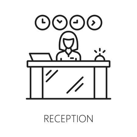 Reception desk icon, customer hotel service, thin line symbol. Vector receptionist at counter, cashier concierge doing check in or check-outのイラスト素材