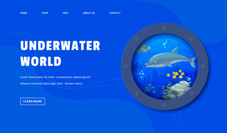 Landing page porthole with dolphin and underwater landscape invites the user to explore a marine adventure, showcasing the beauty of the ocean and the playfulness of the dolphins. Vector web bannerのイラスト素材