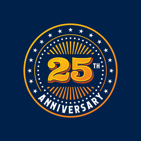 Birthday badge and 25th anniversary label, jubilee seal, party number mark. Marriage anniversary celebration number badge, birthday holiday vector greeting sign or company event congratulation bannerのイラスト素材