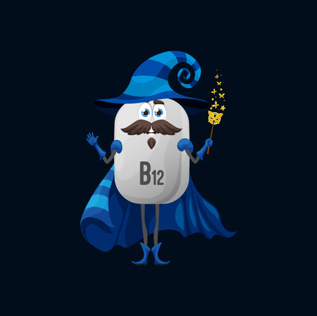 Cartoon vitamin B12 magician character. Vector white cobalamin capsule in striped wizard costume stands holding sparkling magic wand. Isolated funny food supplement magus personage on blackのイラスト素材