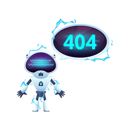 404 Page with cartoon screen and robot under high voltage. Vector error message, encouraging users to keep exploring. Website page not found with broken chatbot, disabled droid with electricity shockのイラスト素材
