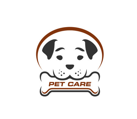 Pet clinic icon, veterinary service emblem. Dog veterinarian hospital, domestic animal vet doctor or pet veterinary clinic vector symbol. Puppy medical service icon or emblem with dog holding boneのイラスト素材