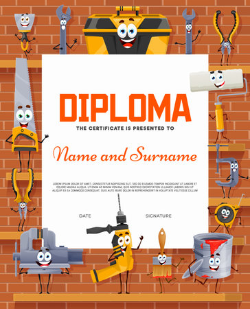Builder diploma or certificate, cartoon repair, DIY and work tool characters, vector appreciation award. Kids carpentry or woodworking workshop certificate diploma with funny drill, saw and paintbrushのイラスト素材