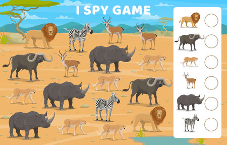 I spy game cartoon african savannah animals. Vector worksheet for calculation learning activity for children with zebra, rhino, buffalo, lion, antelope and cheetah in Africa savanna nature landscapeのイラスト素材