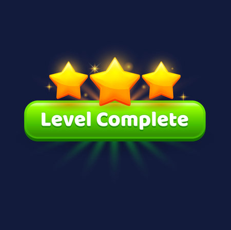 Game level complete badge, GUI interface icon with win golden stars, vector UI reward. Video arcade game level complete popup badge or reward prize for next level achievement with golden starsのイラスト素材