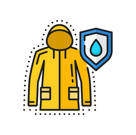 Waterproof raincoat jacket with protect shield sign. Parka coat with hood of water protection material. Vector impermeable overcoat of water resist clothのイラスト素材