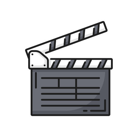 Filmmaking clapperboard, video production icon. Cinematography art, filmmaking festival or video production outline vector sign. Movie studio thin line symbol or icon with movie clapboardのイラスト素材