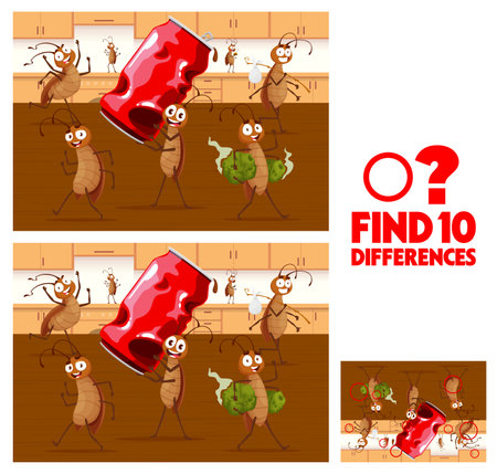 Find ten differences. Cartoon cockroach characters on kitchen kids vector game worksheet. Educational children riddle, leisure activity with funny pests steal garbage and old tin can, riddle taskのイラスト素材