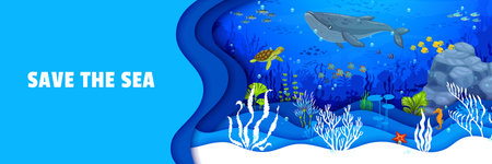 Cartoon sea paper cut landscape. Whale and turtle, fish shoal and seahorse, tropical seaweeds and coral reefs create colorful underwater world that sparks the imagination. Vector save ocean bannerのイラスト素材