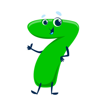 Cartoon cute funny number seven character. Isolated vector playful and charming 7 figure with big round eyes, a cheerful smile, and distinctive seven shaped body. Mathematics numeric personageのイラスト素材