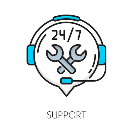 Support, CMS content management system icon, vector thin line pictogram. Customer service help or call center icon of phone headset and wrench, 24 for 7 user support chat for CMS content managementのイラスト素材