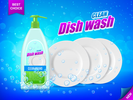 Dish cleaner, kitchen dish soap. Detergent dishware bottle, plates and bubbles. 3d vector poster with liquid product in plastic tube and clean platters on blue background, advertising promo templateのイラスト素材