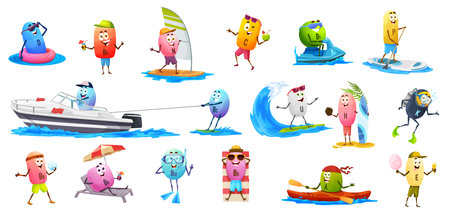 Cartoon vitamin characters on summer vacation. Vector b9 and b6, b2, u, c and e, P, n, b1, a and h, d, and k capsule pill personages on summer beach sports and vacationのイラスト素材