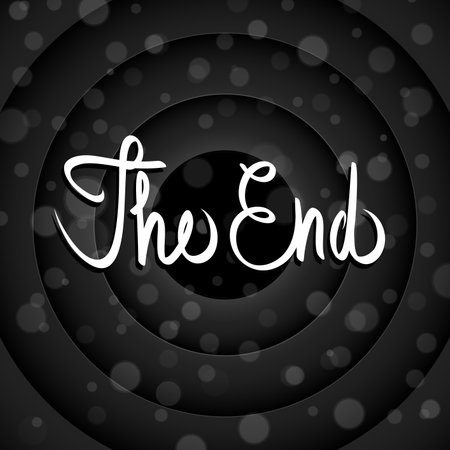 Black end screen, movie cinema film circle background. Vector vintage old Hollywood studio poster with white text appears in the center of circle, informing the audience that the movie has come to endのイラスト素材