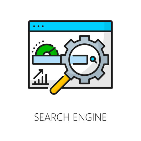 Search engine icon, SEM or search engine marketing and content management, line vector. Website search pictogram of webpage magnifier for SEM or SEO in internet media and online content optimizationのイラスト素材