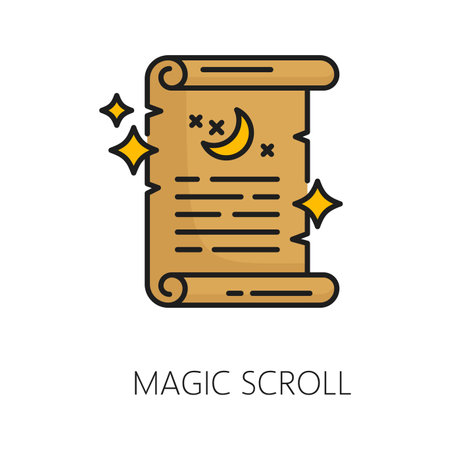 Magic scroll, witchcraft and magic icon. Isolated vector enigmatic mystical thin line parchment, embodying the allure of ancient secrets. Sign symbolizes power, knowledge, and realms of enchantmentのイラスト素材