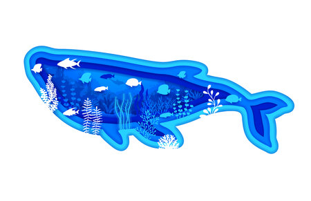 Sea paper cut blue whale silhouette and underwater landscape with animals and seaweeds. 3d vector papercut frame in shape of blower animal captures the serene beauty of the ocean depths, marine lifeのイラスト素材