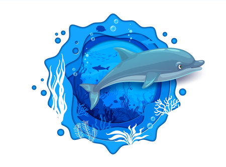 Cartoon blue dolphin and sea underwater paper cut landscape with seaweeds, vector ocean undersea. Papercut coral reef with fish shoal, shark and dolphin in underwater world in paper cut layersのイラスト素材