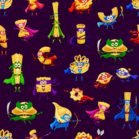 Cartoon pasta superhero characters seamless pattern. Textile or wrapping paper vector backdrop with spaghetti, rigatoni, maccheroni and cavatappi, filini, ravioli, hero or warrior cheerful personageのイラスト素材