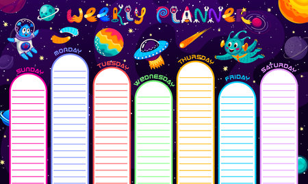 Weekly planner schedule. Cartoon alien and ufo in starry galaxy space. Education school timetable vector template for kid. Time table for lessons with lined frames and funny extraterrestrial creaturesのイラスト素材