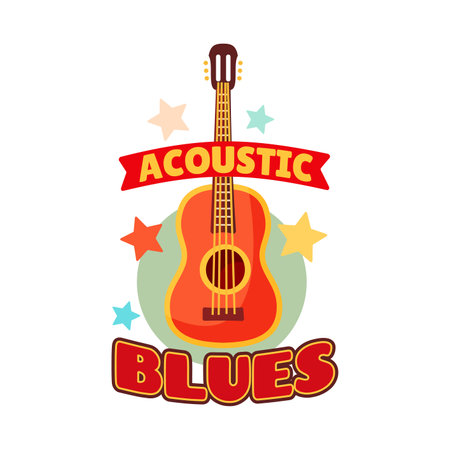 Blues music festival guitar icon, acoustic concert and live performance, vector emblem. Blues music fest sign with acoustic guitar for performance band or music bar and entertainment club with starsのイラスト素材
