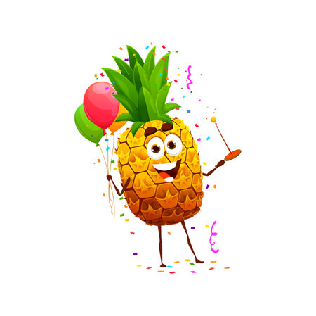 Cartoon cheerful pineapple fruit character on birthday party, anniversary holiday. Party or holiday event, anniversary and birthday celebrating cute fruit vector personage with balloonsのイラスト素材