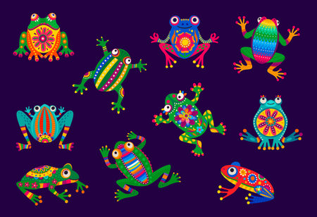 Mexican frogs, cartoon water animal character with vector folk pattern of Mexico. Alebrije frogs set with traditional bright color ornament of tropical flowers, green leaves and geometric motifのイラスト素材