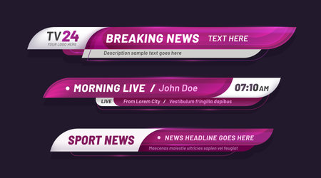 Purple news bar lower third header, tv headline. Vector video titles, television information lines. Modern violet and white graphic overlay isolated template. Broadcast strips, layout with textのイラスト素材