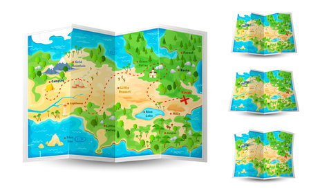 Cartoon game paper map, expedition adventure and journey, vector island in sea. Travel and hiking camp map with path way in mountain and lake, tourist route map with start and finish for gameのイラスト素材