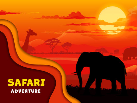 African paper cut banner with safari animals silhouettes on sunset landscape. Scenery savanna nature background with vector elephant, giraffe and hippo, acacia trees, mountains, orange sky and cloudsのイラスト素材