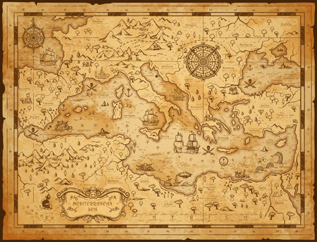 Old vintage map of Mediterranean sea, pirate sailing and treasure island, antique vector. Map of Mediterranean sea with fantasy monsters and seafaring ship plan in Europe with compass wind roseのイラスト素材