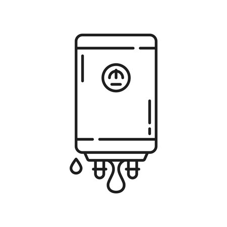 Plumbing service icon of boiler water leakage, vector line symbol for plumber repair. Water boiler pipes plumbing service icon for bathroom hot and cold water tube leakage in linear pictogramのイラスト素材