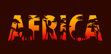 African safari, sunset landscape with animal silhouettes and trees. Africa vector double exposition of savannah lion, elephant, giraffe and zebra silhouettes, grass, bushes, acacia and sequoia shadowsのイラスト素材