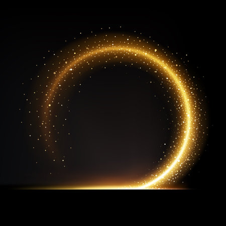 Golden sparkle circle wave. Vector realistic glow, round shaped energetic spark. Radiant and shimmering, dynamic ring or curve line with captivating glitter, sense of movement and a touch of glamourのイラスト素材