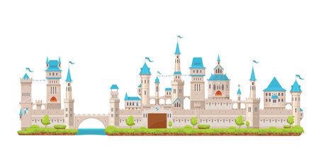 Medieval fortress castle. Knight stone fortress with gate, towers turrets, bridge and flags. Isolated cartoon vector antique building, middle ages architecture. Fantasy magic or fairytale royal houseのイラスト素材