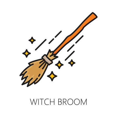 Witch broom witchcraft and magic icon. isolated vector linear broomstick with sleek wooden handle and bristles with sparks. Halloween sign representing mystical powers, fantasy, and the supernaturalのイラスト素材