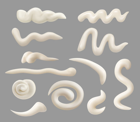Mayonnaise drops, spills and splashes, stains, smears and spatter. Isolated realistic 3d vector set of mayo, cheese sauce or vanilla cream drips. Strokes, swirls, blobs of yoghurt or cosmetic mousseのイラスト素材