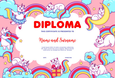 Kids diploma, cartoon caticorn cats on rainbow and clouds, vector education certificate. Cute cat unicorn or caticorn kitten characters playing on school or kindergarten workshop diploma backgroundのイラスト素材